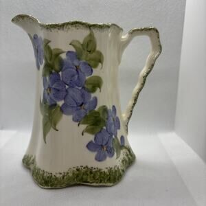 Vintage Cash Family Hand Painted Pottery Pitcher Lavender Floral Design